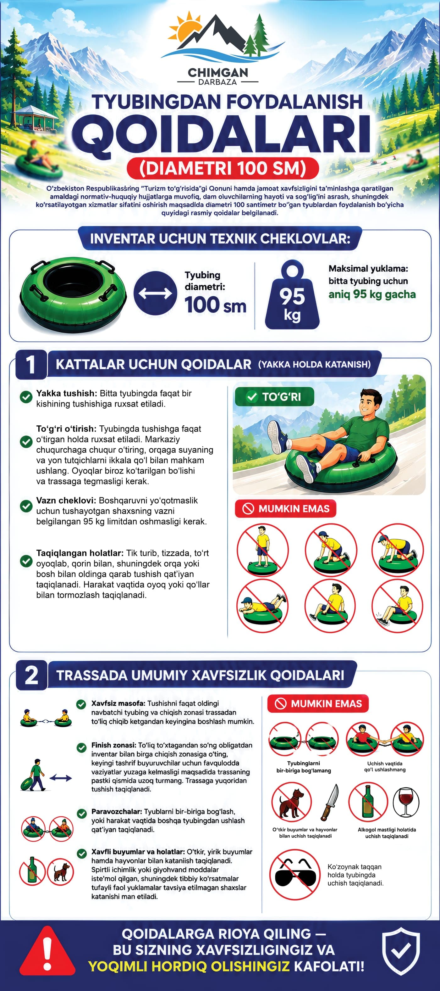 Diametri 100 sm bo‘lgan tyubinglardan foydalanish qoidalari yozilgan plakat